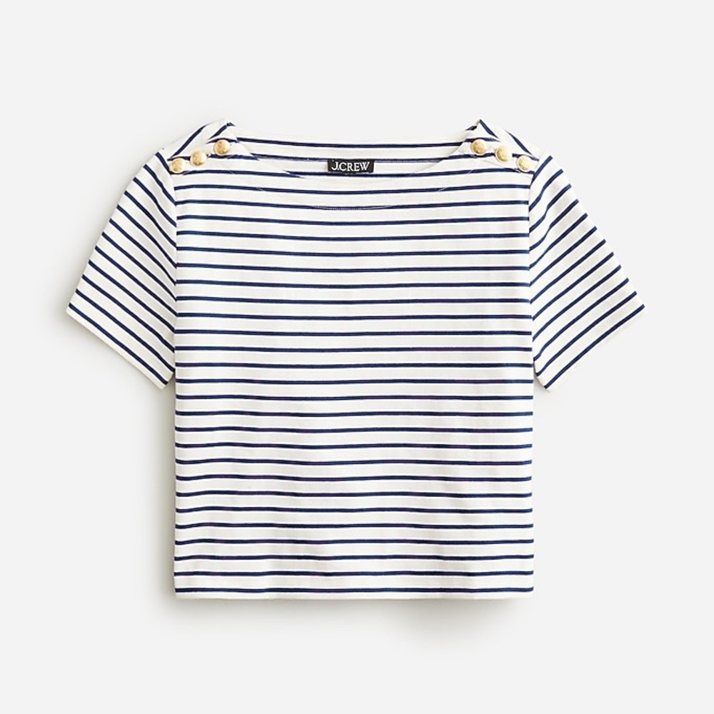 Vintage J. Crew Cream/Navy Striped Gold Button Nautical Stripe Crop Boxy Tee XXS